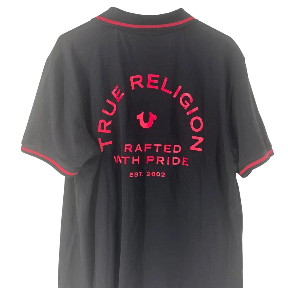 True Religion Mens Black Red Graphic Logo Short Sleeve Polo Shirt XL